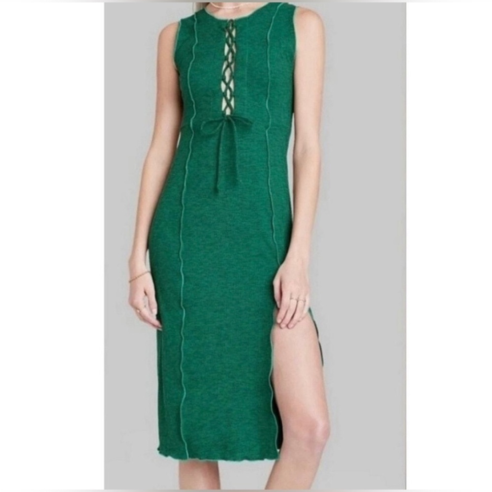 Wild Fable Front Tie Midi Dress in Green Space Dye NWT